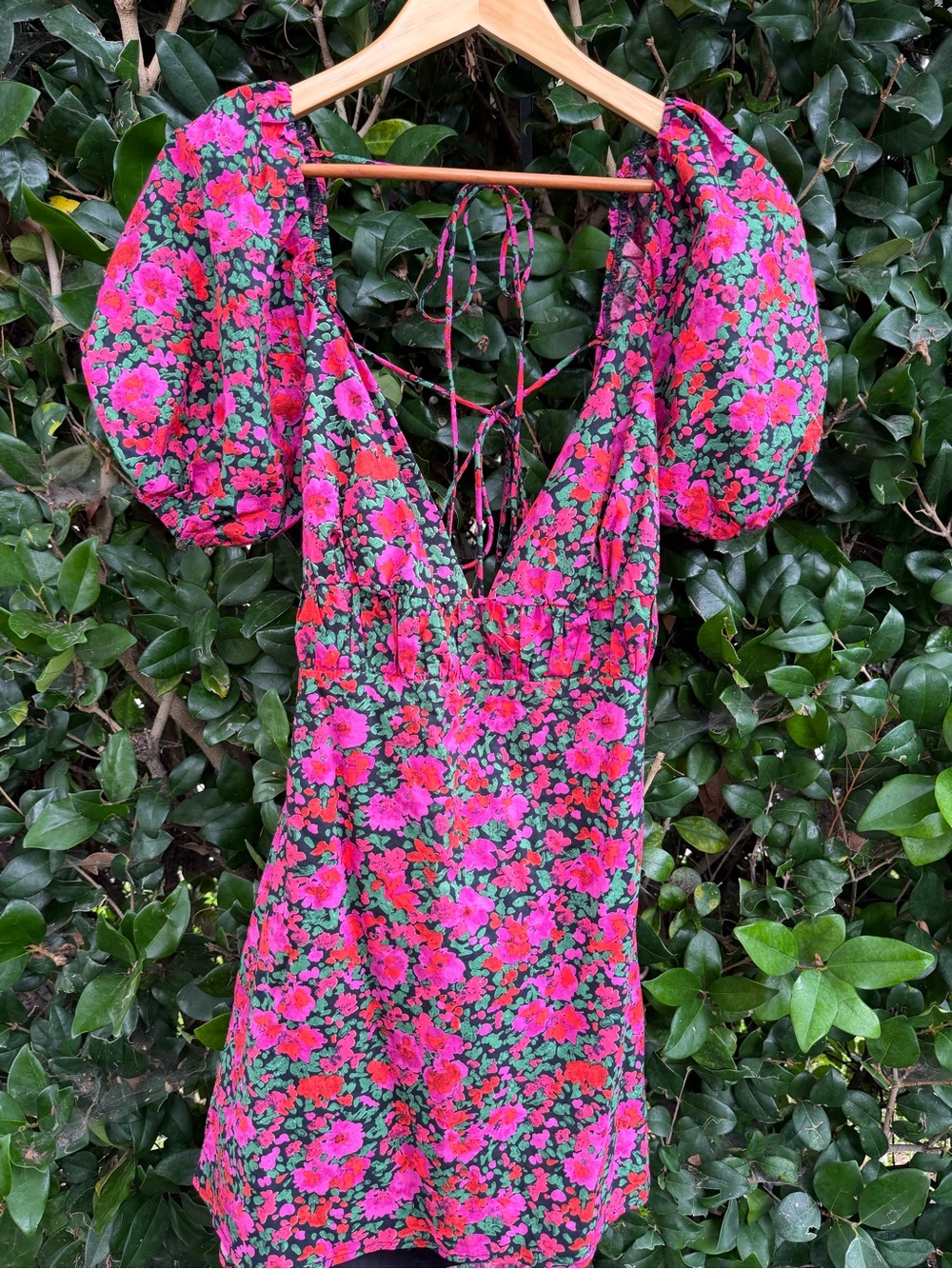 Hello Molly Pink and Green Floral Puff-Sleeve Mini Dress NWT